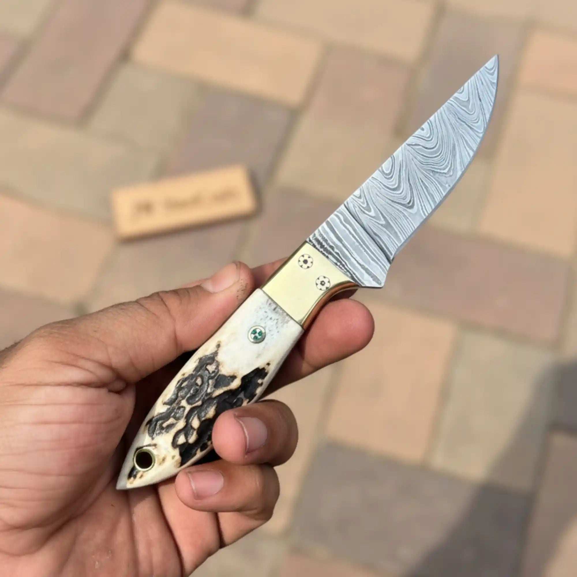 Handmade Damascus Drop Point EDC Knife Fixed Blade Stag Handle Brass Bolster