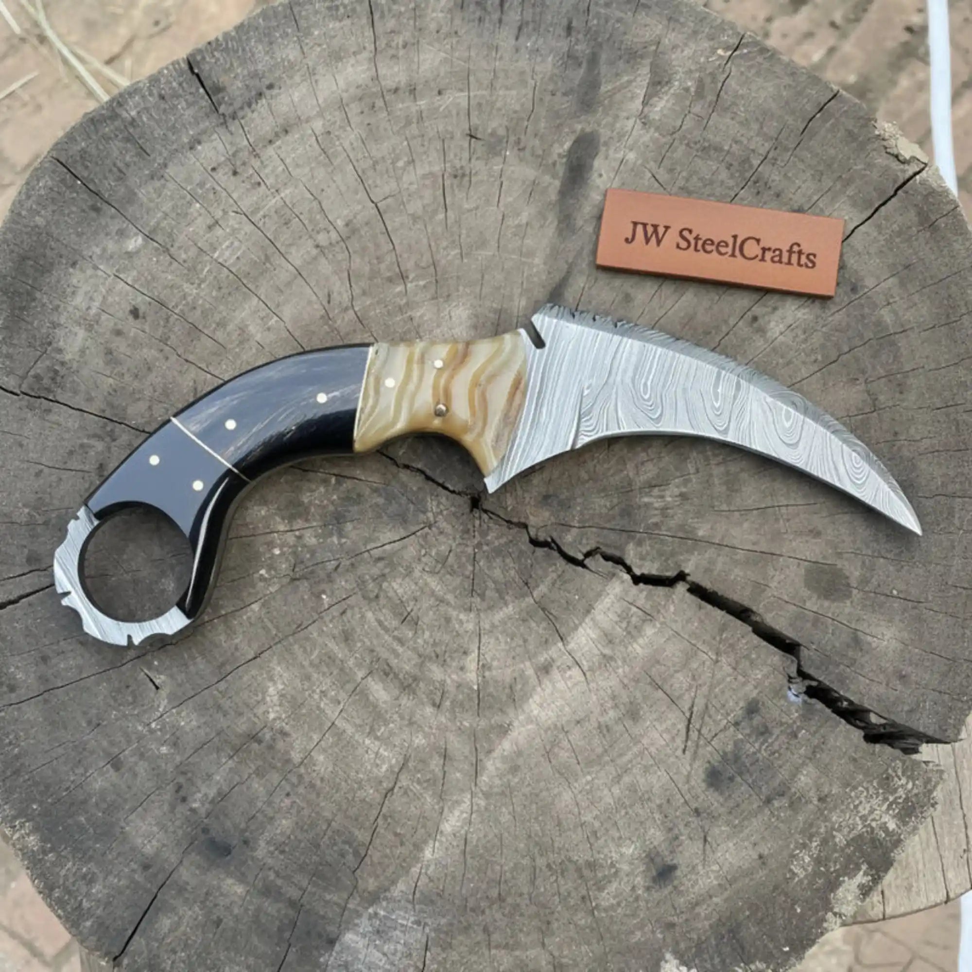 Karambit Style Recurve Knife Damascus Blade Finger Ring Hybrid Handle