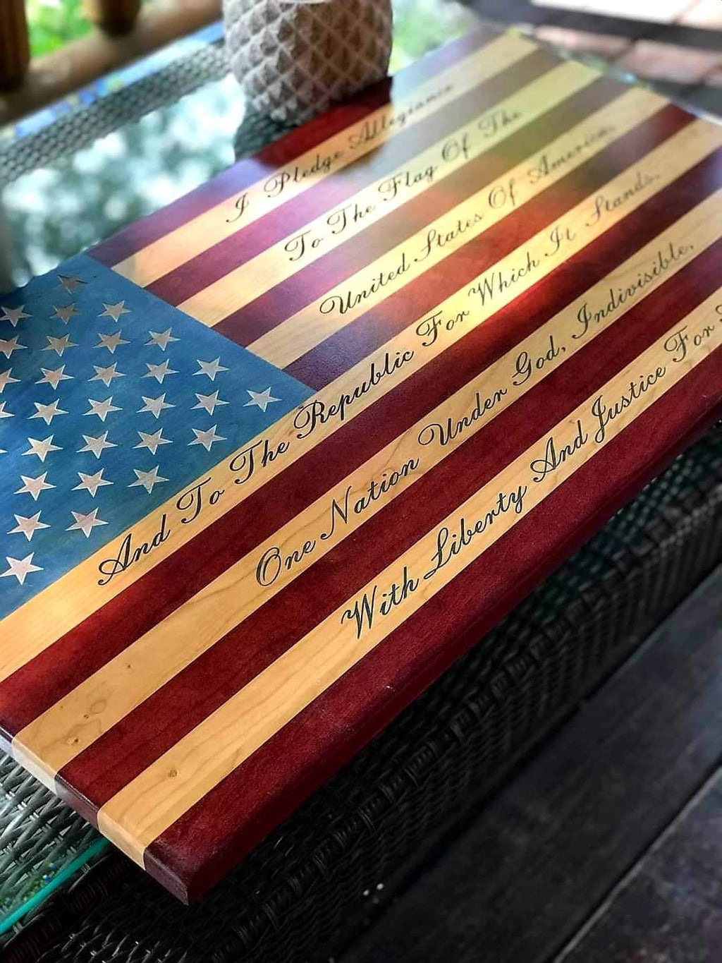Pledge of Allegiance Engraved Handcrafted Patriotic Wall Flag – Made by U.S. Veterans