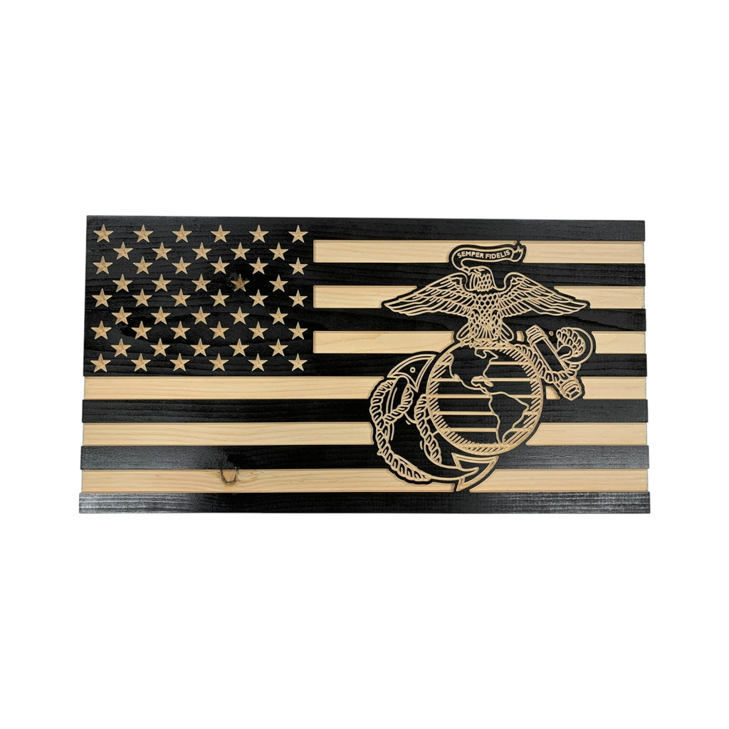 Wooden American Flag with Marine Corps Logo and Personalization