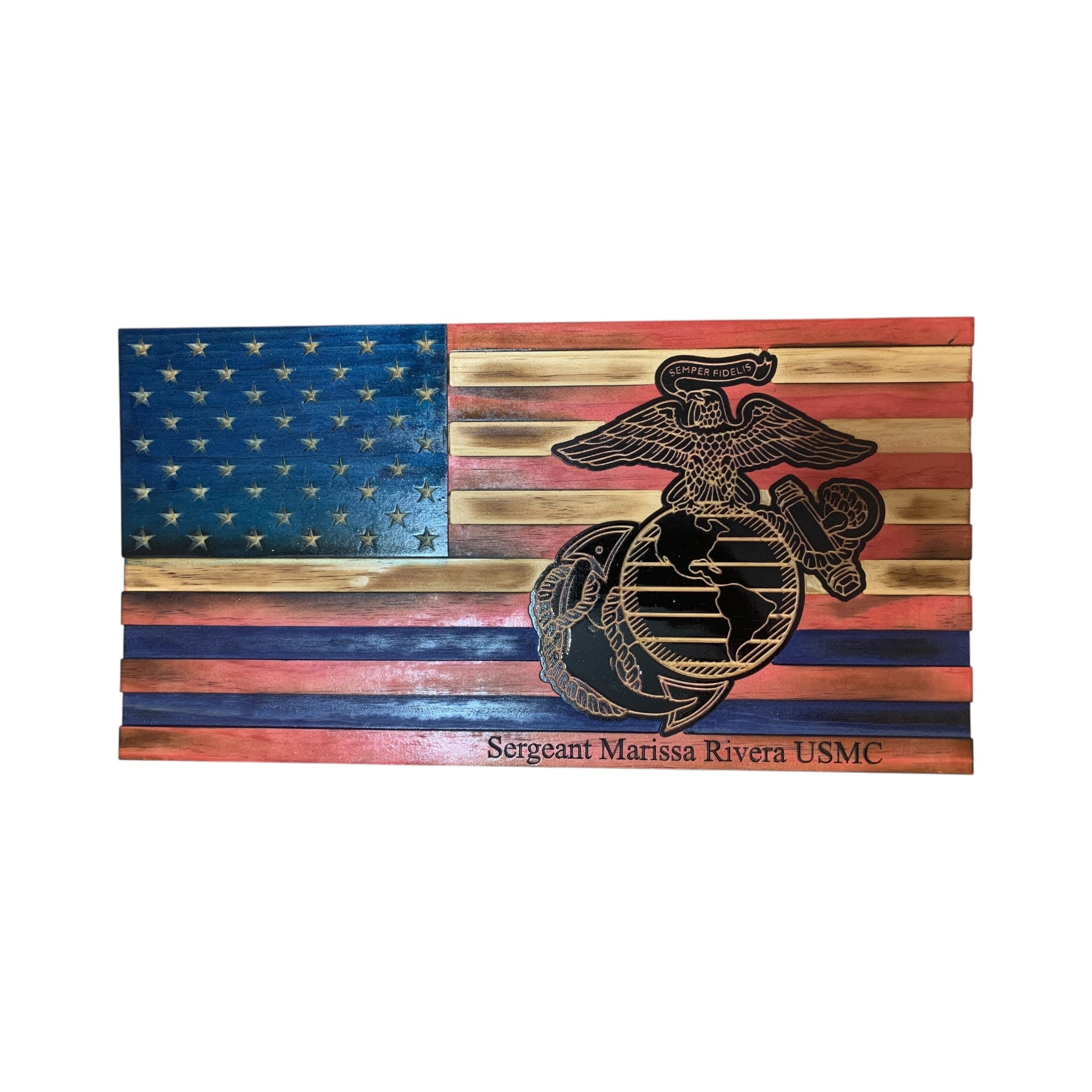 Wooden American Flag with Marine Corps Logo and Personalization