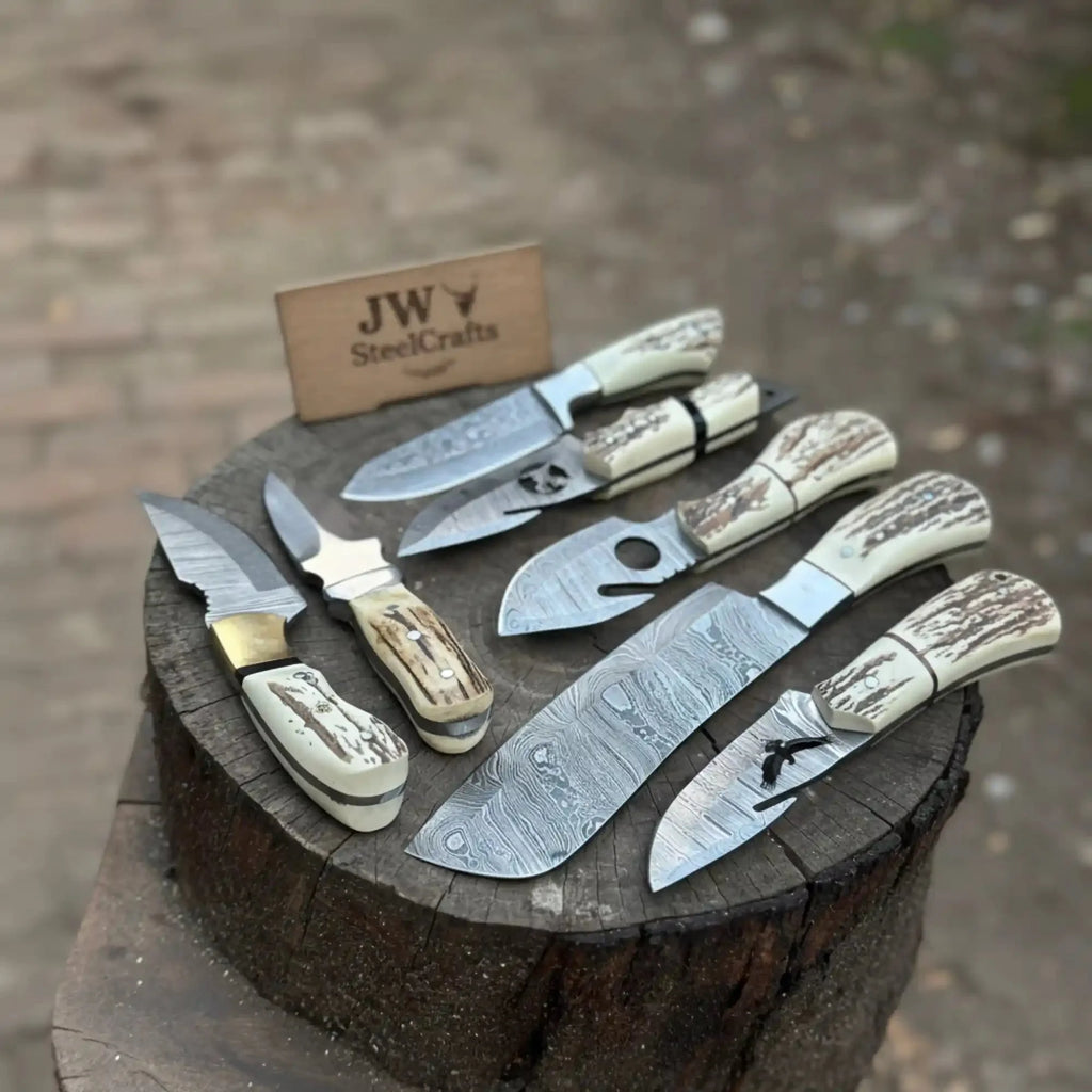 7 Piece Damascus Steel Knife Set with Synthetic Antler Handles