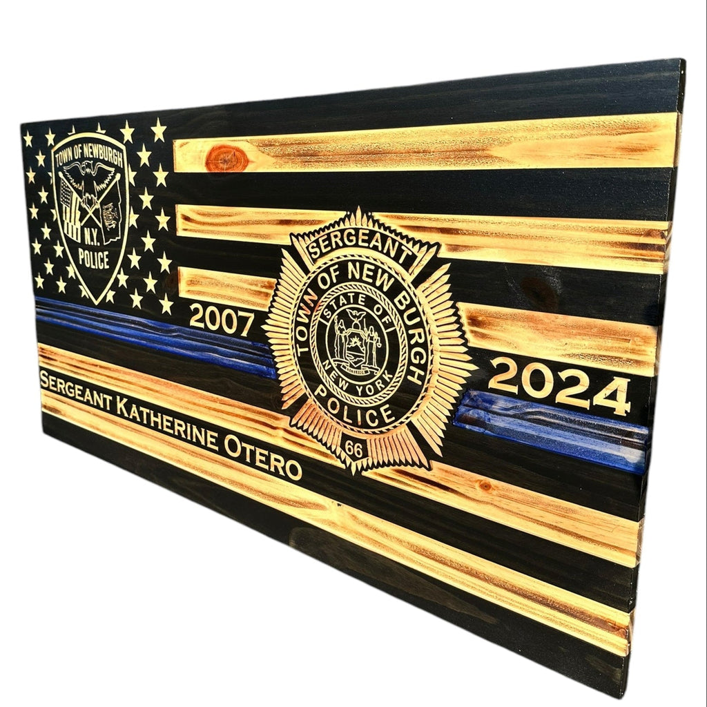 Custom Thin Blue Line Flag with Engraved Badges and Personalized Details