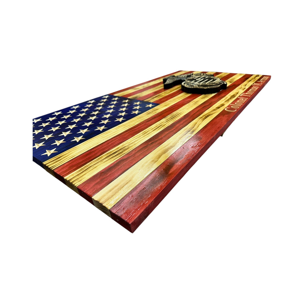 Wooden American Flag with Marine Corps Logo and Personalization