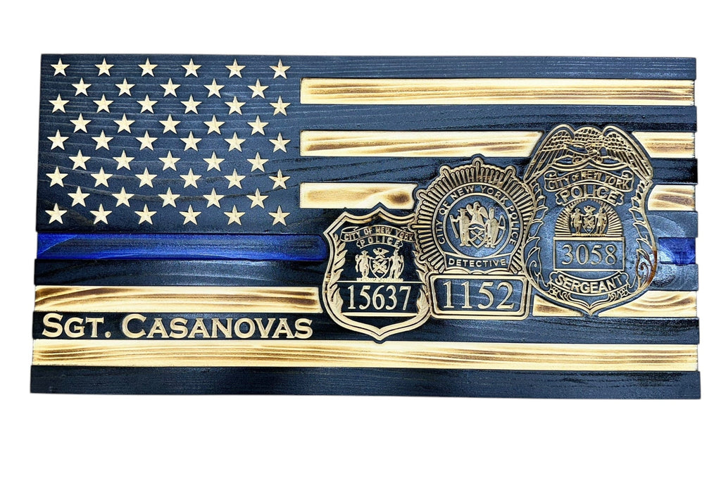 Custom Thin Blue Line Flag with Engraved Badges and Personalized Details