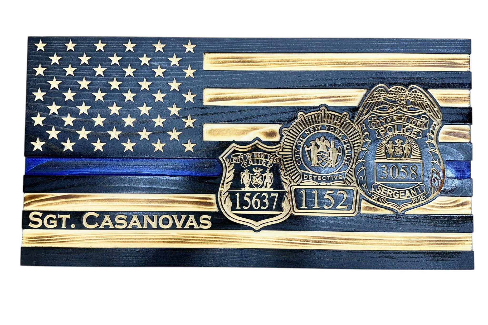 Custom Thin Blue Line Flag with Engraved Badges and Personalized Details