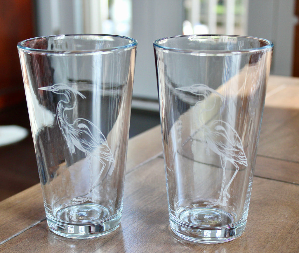 Blue Heron Engraved Glasses