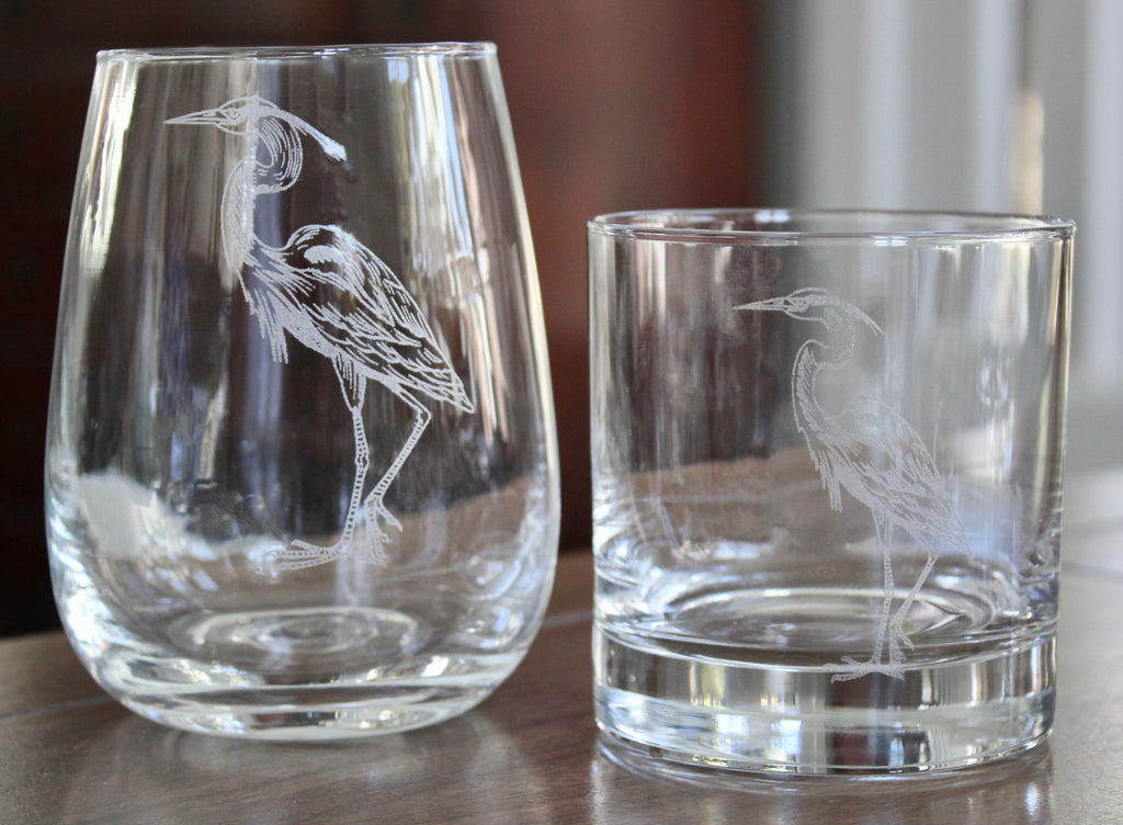 Blue Heron Engraved Glasses