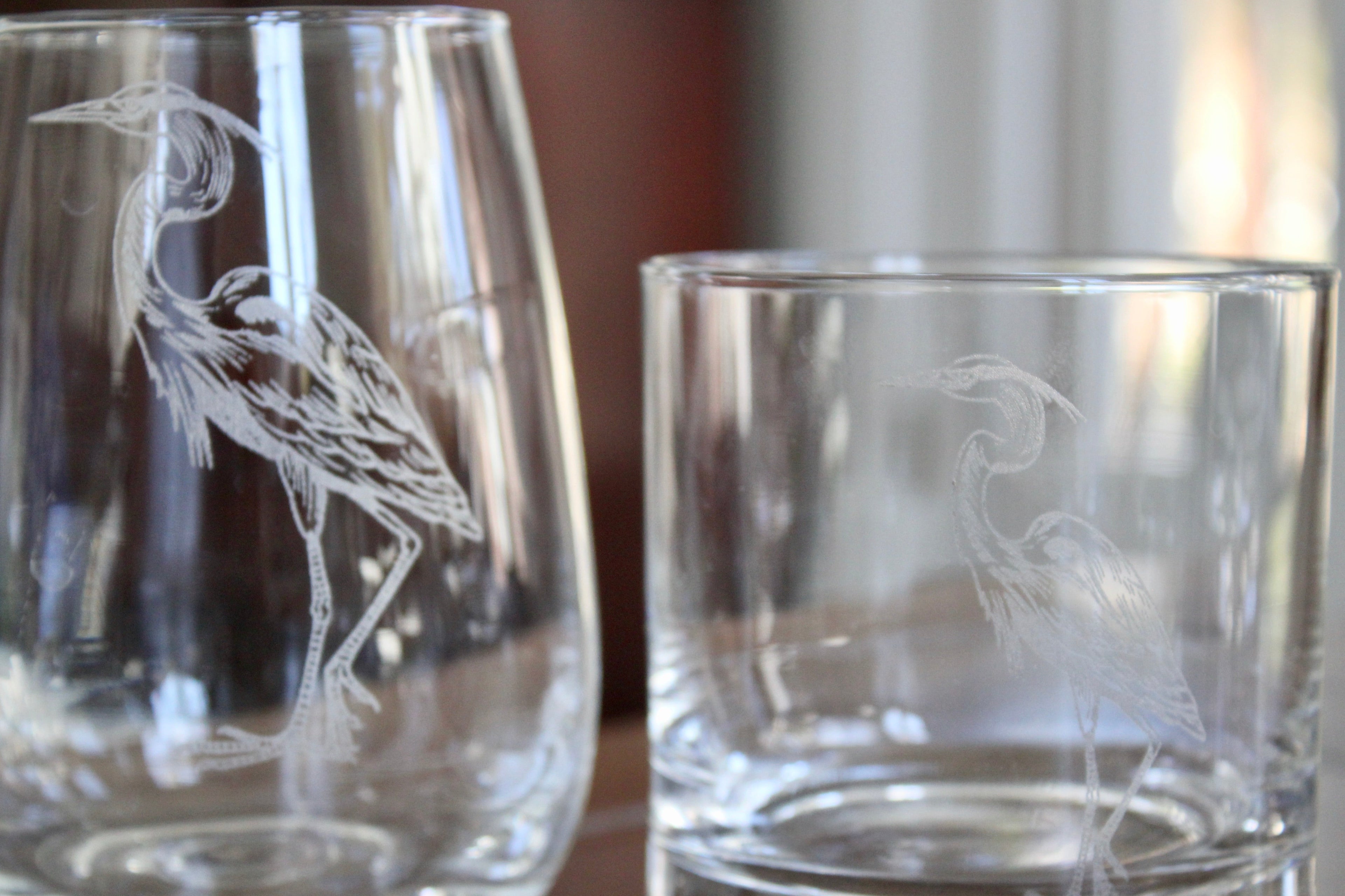 Blue Heron Engraved Glasses