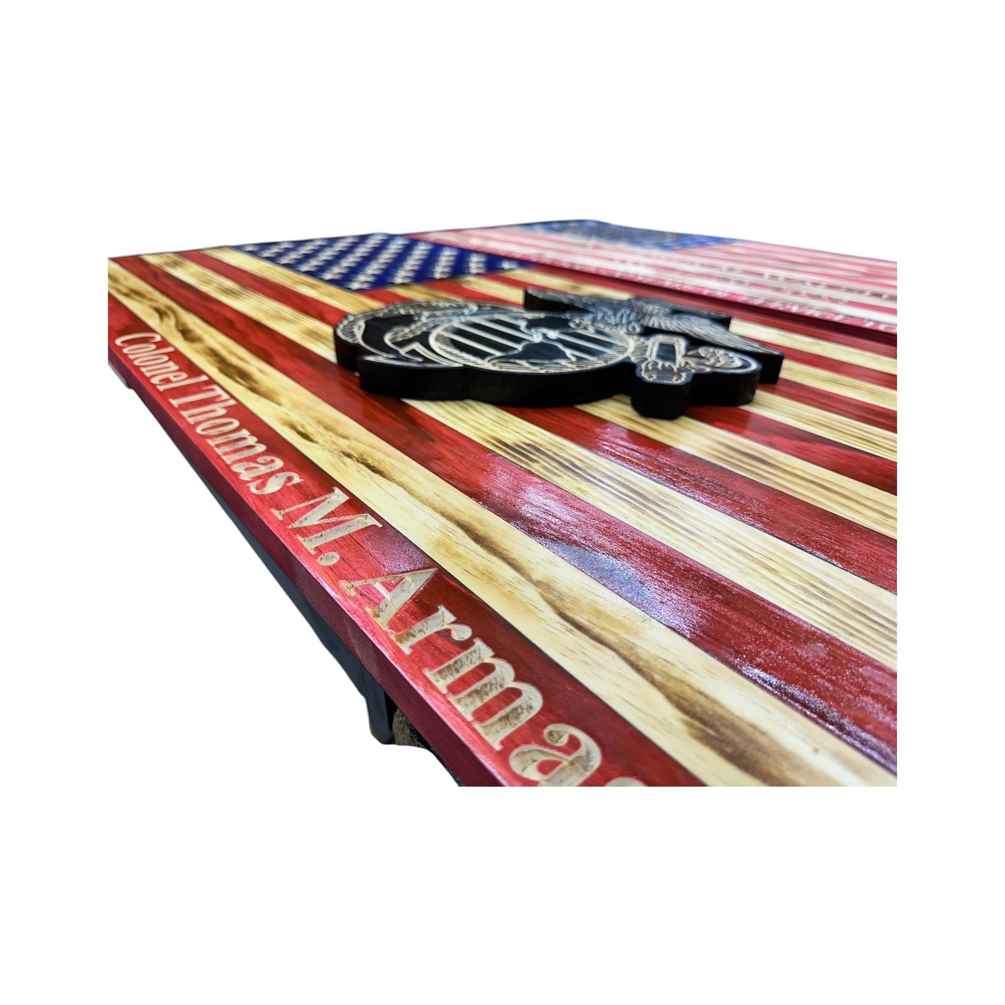 Wooden American Flag with Marine Corps Logo and Personalization