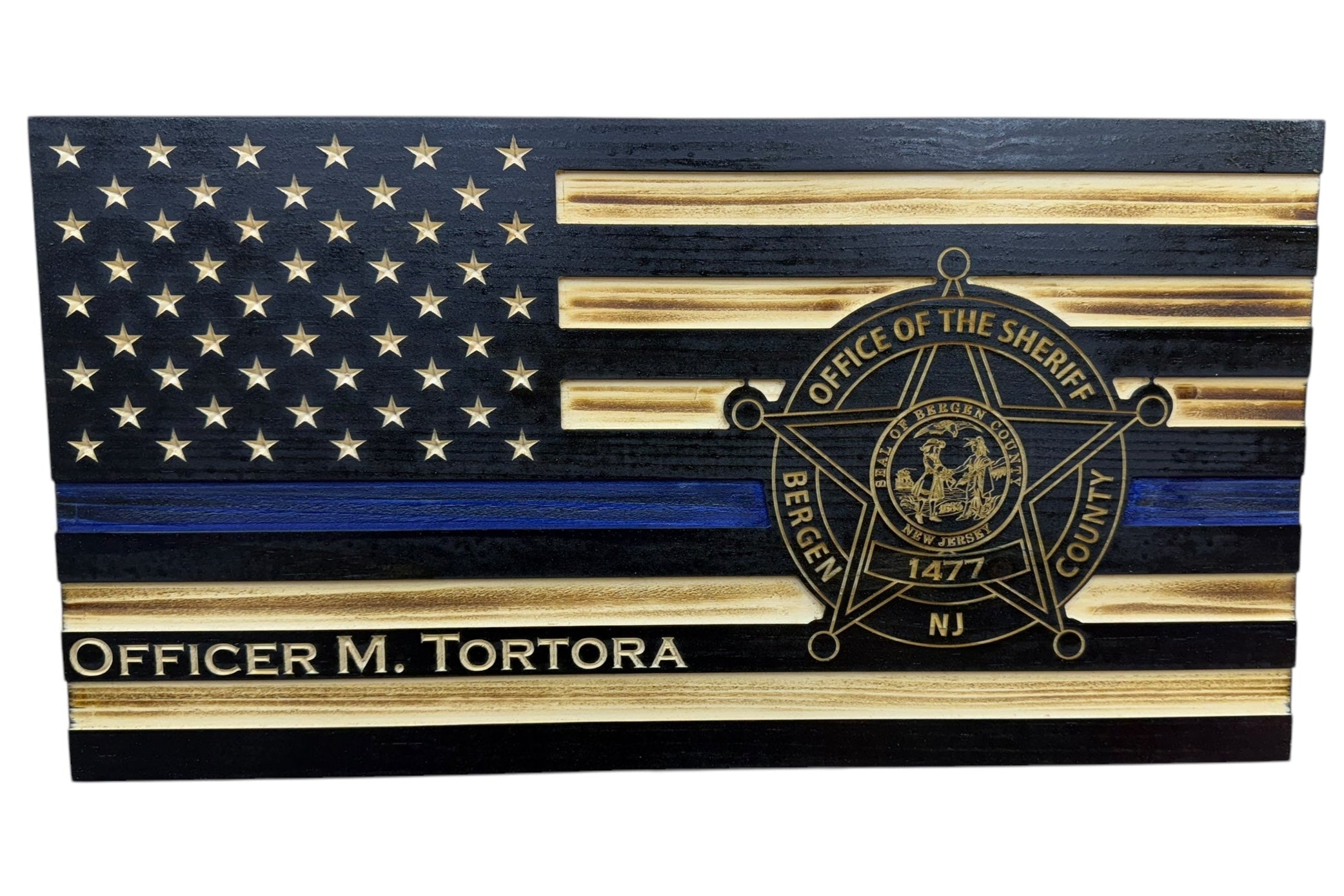 Custom Thin Blue Line Flag with Engraved Badges and Personalized Details