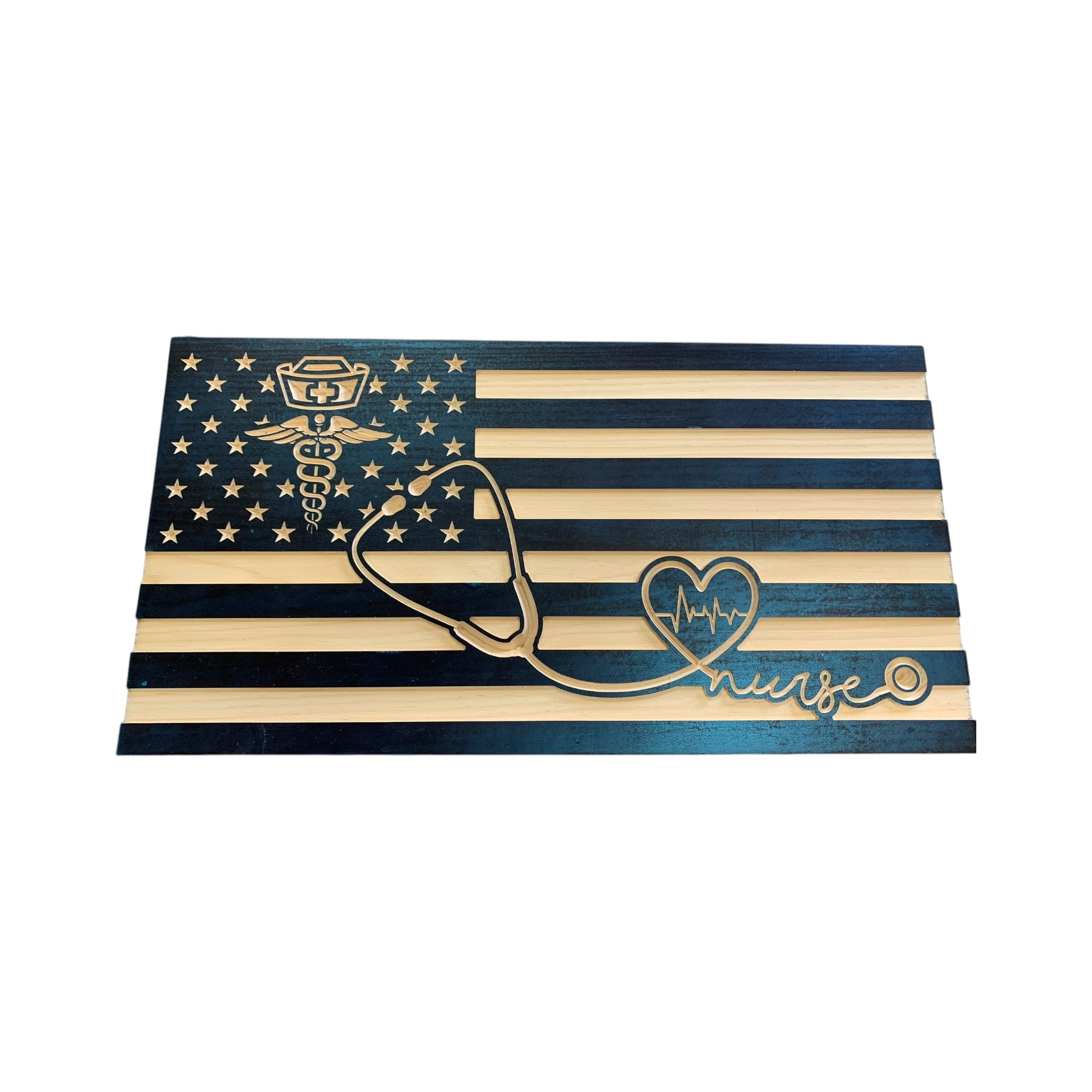 Wooden American Flag for Nurses with Caduceus and Stethoscope Design