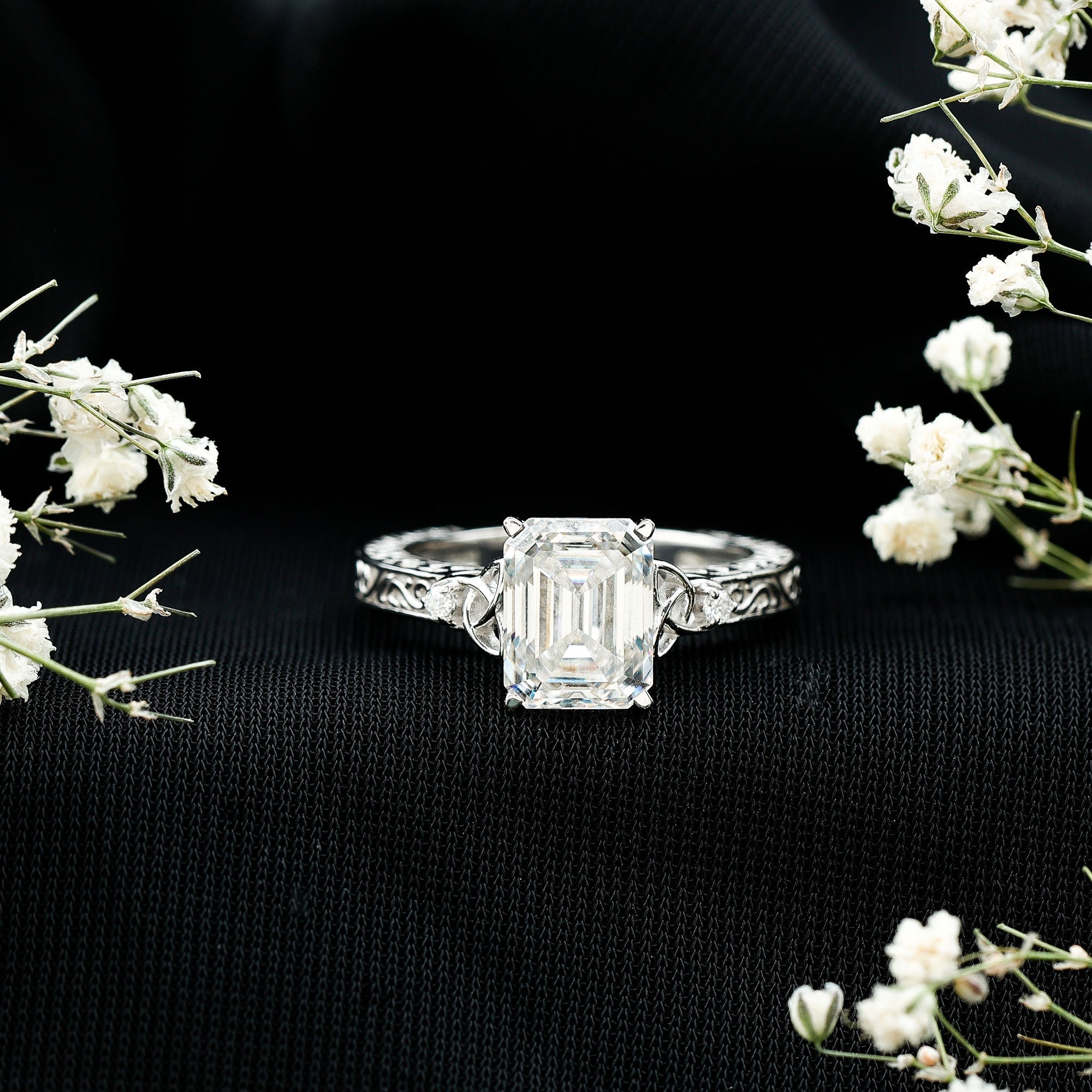 7X9 mm Emerald Cut Moissanite Solitaire Celtic Ring with Engraved Shank