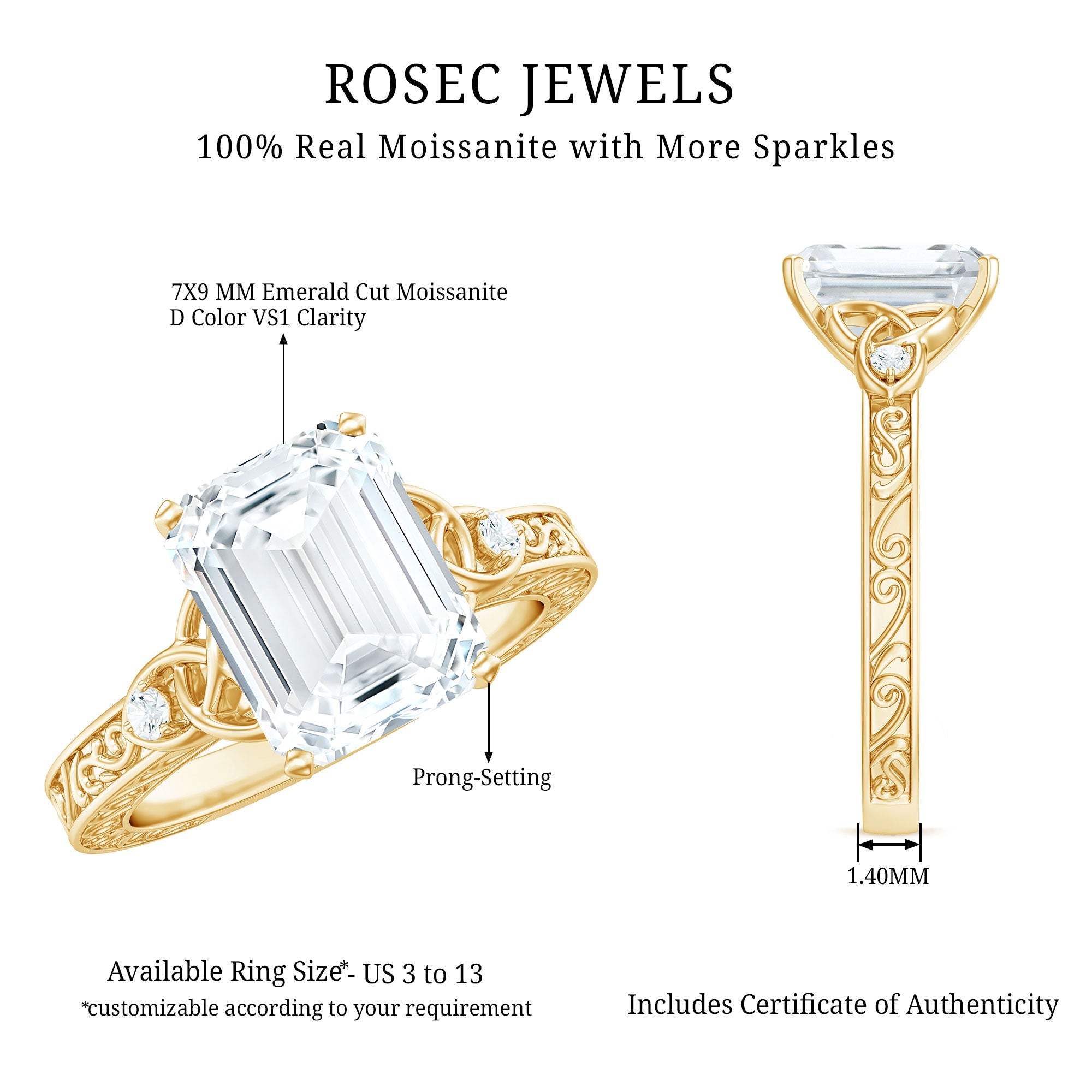7X9 mm Emerald Cut Moissanite Solitaire Celtic Ring with Engraved Shank