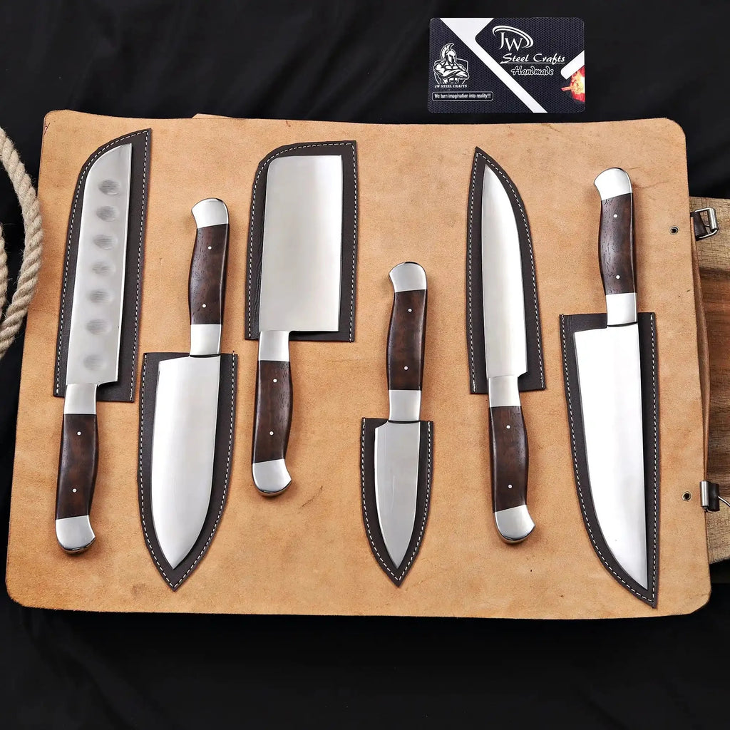 Handmade 6 Piece Chef Knife Set with Leather Roll – Full Tang Kitchen Knives Set with Cleaver, Chef, Santoku, Utility & Paring