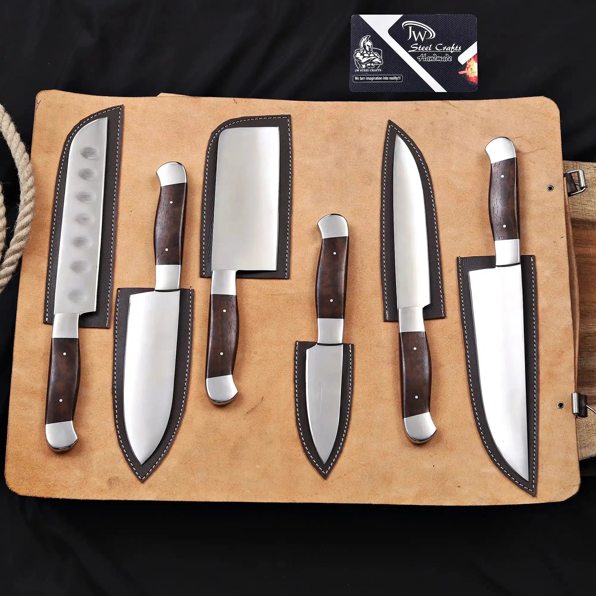 Handmade 6 Piece Chef Knife Set with Leather Roll – Full Tang Kitchen Knives Set with Cleaver, Chef, Santoku, Utility & Paring