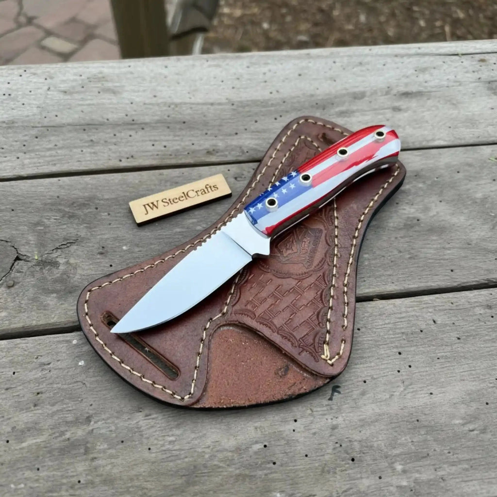 Custom Fixed Blade Knife – Drop Point Outdoor EDC with USA Flag Handle and Leather Sheath