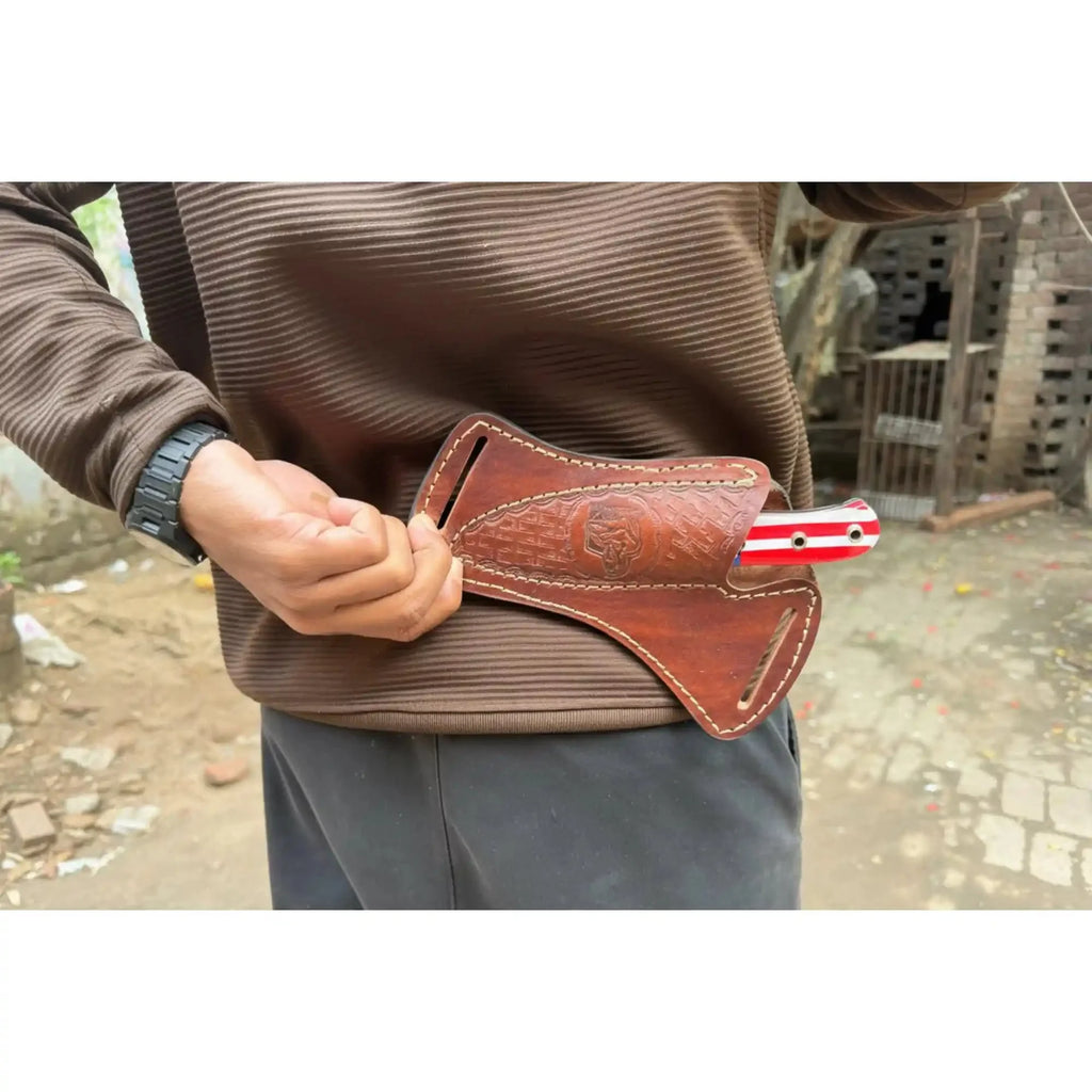 Custom Fixed Blade Knife – Drop Point Outdoor EDC with USA Flag Handle and Leather Sheath
