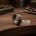 Mens Damascus Steel Wedding Band Wide Triple Groove Pattern Ring