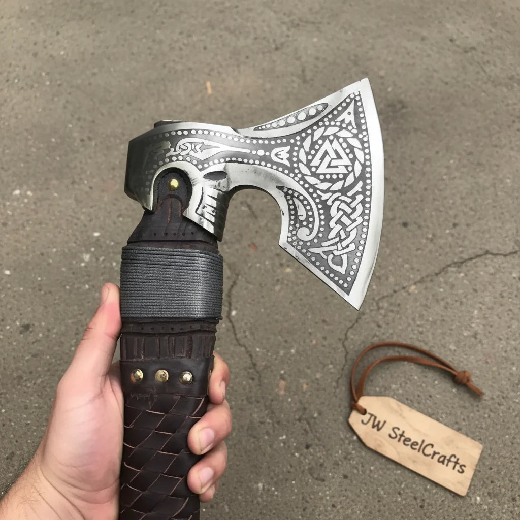Viking Style Engraved Axe | Handcrafted Leather Wrapped Handle